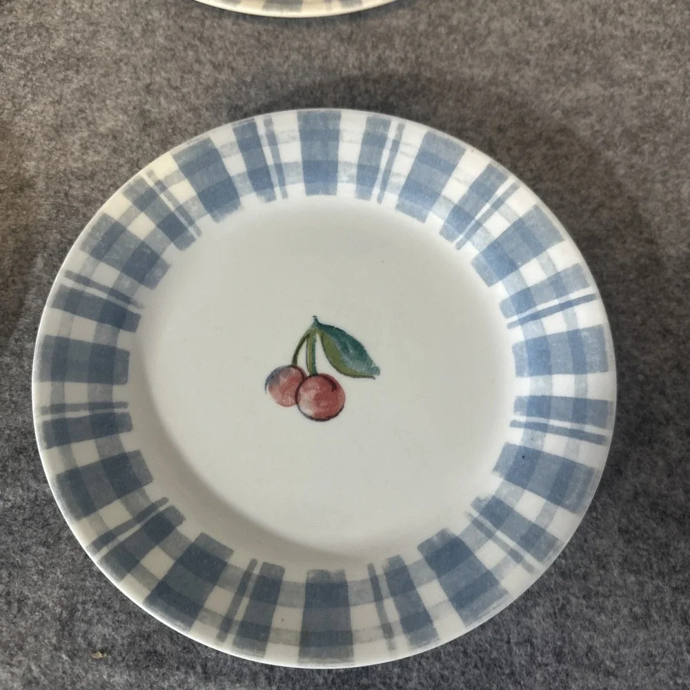 Corelle Set of‎ 5 Dessert Salad Plates Fruit Too Cherries Blue Plaid 7-1/4